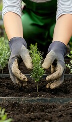 Gardener planting seedling in garden bed, promoting growth and environmental care