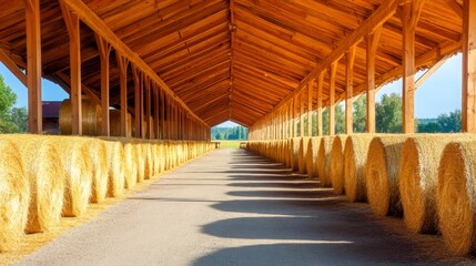 Bright and spacious barn interior showcasing neatly arranged hay bales along a sunlit pathway
