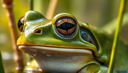 Closeup of a Green Frog in Lush Vegetation