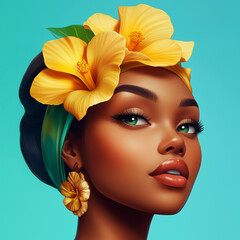 Black Woman with Tropical Flower hair clip. Glamourous black woman. African American beautiful girl with floral decorations hairstyle. Woman with dark skin and tropical flower hair clip.