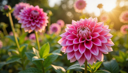 Fototapeta premium Dramatic dahlia bloom in sunny garden, vibrant nature close-up