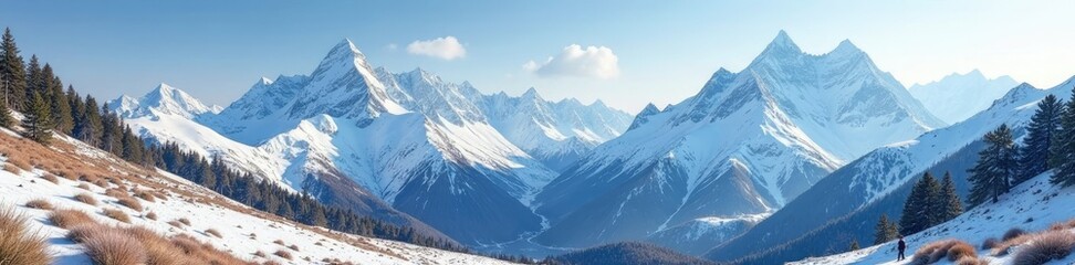 Vertical snow-covered peaks rise above a serene valley, alpine meadow, dombai range, winter wonderland
