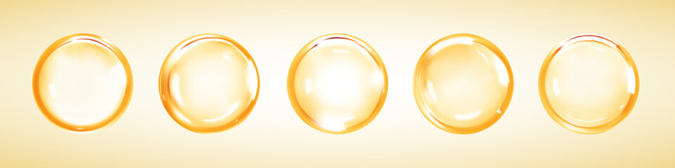 Gold collagen serum or essence drops. Cosmetic oil. Concept skincare cosmetics solution. Vector illustration