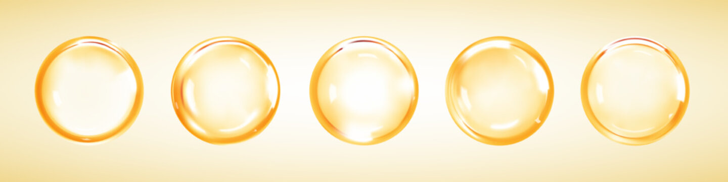 Gold collagen serum or essence drops. Cosmetic oil. Concept skincare cosmetics solution. Vector illustration