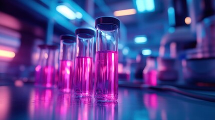 Row of pink glass tubes and laboratory test tubes arranged on a laboratory table for scientific research