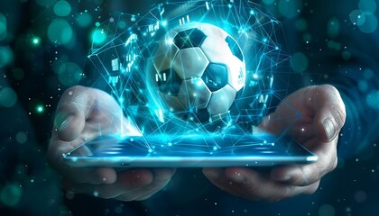 Tablet pc with a soccer concept in the hands