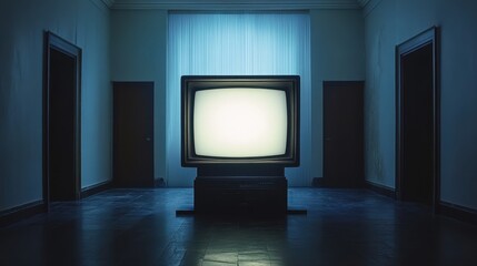 Fototapeta premium Television set in a dark room illuminated by light with screen test pattern displayed on the screen