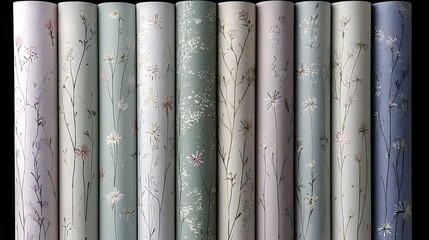 Fototapeta premium Floral wallpaper rolls in shades of green, blue, pink, and beige with hand-painted designs.