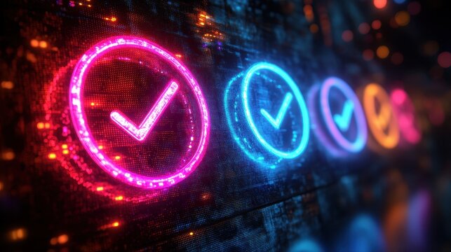 Neon lit clock with online test or questionnaire concept and digital elements in background - Powered by Adobe