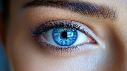 Obraz premium Close up of a womans face with blue eyes focusing on thoughts and ideas