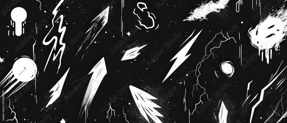 Wall mural black and white abstract background with lightning elements and various shapes for creative designs 