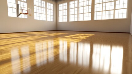 Brightly lit basketball court with polished wooden floor and large windows casting shadows