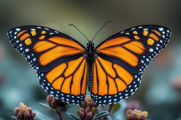 Fototapeta premium ornate orange monarch butterfly perched gracefully its striking wings showcased in intricate detail isolated on a pristine white background emphasizing its beauty and delicate nature
