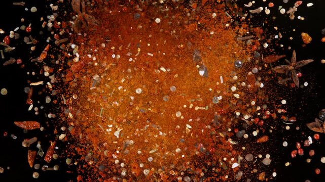 Super Slow Motion Shot Various Spices Mixture Exploding and Rotating Towards Camera at 1000fps.