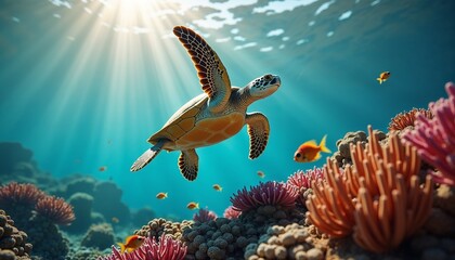 Naklejka premium Colorful sea turtle swimming gracefully among vibrant coral reefs and tropical fish underwater