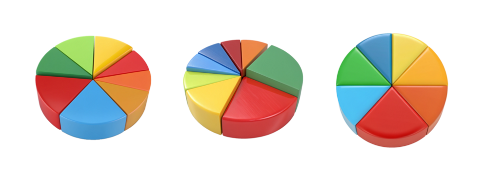 3D Pie Chart Icon Bundle on White Background for Data Visualization, Statistics, and Business