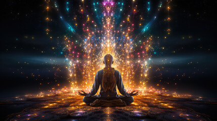 Obraz premium generated illustration of indian man meditating on abstract lights background