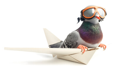 Smiling pigeon wearing pilot glasses and helmet, the concept of safety, reliability is suitable for airline and telecommunications