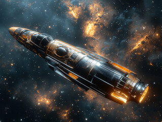 Fototapeta premium futuristic spaceship in outer space. The spacecraft has a sleek, elongated design with multiple windows and intricate paneling, glowing lights, and a prominent cockpit area. 