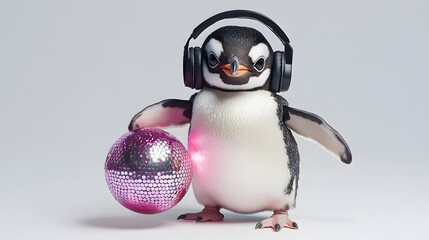 A happy penguin wearing headphones grooving to  music suitable for dj, music concerts, festivals, pubs, nightclubs, music entertainment