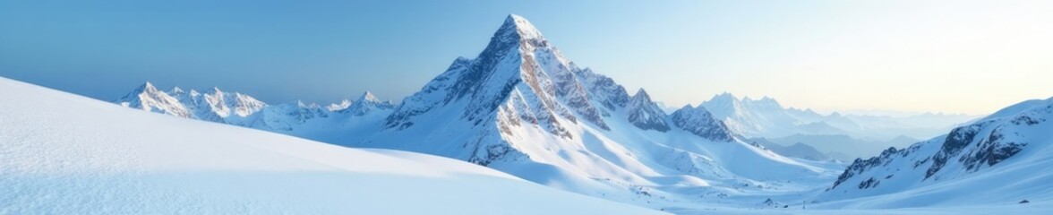 Snowy mountain peaks rise high in the frosty air, winter wonderland, snowy peak