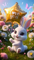 A cute chibi bunny with a star-shaped "LOVE YOU" balloon sits in a dreamy meadow, surrounded by glowing flowers and butterflies.