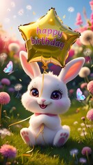 A cheerful chibi bunny holds a star balloon reading "Happy Birthday" in a sunlit, magical garden filled with glowing flowers and butterflies.