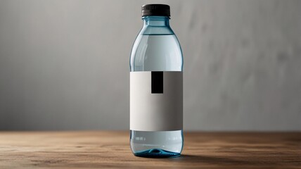 A refreshing bottle of mineral water, minimalistic design, and natural wooden surface