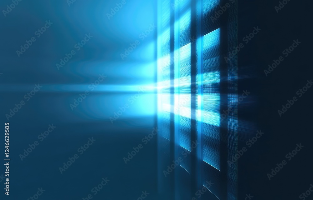 Poster abstract blue light beams streaming through futuristic server racks, creating a sleek and modern dig