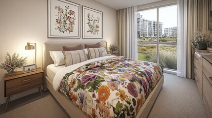 Bright and Stylish Bedroom with Floral Decor and Scenic View