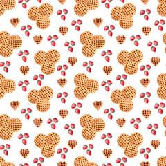 Watercolor seamless pattern with wafers of various shapes. Heart waffles, square waffles, and round waffles