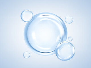 Transparent blue liquid bubbles. Cosmetic oil, serum or essence. Skincare product. Concept skin care cosmetics solution. Vector illustration