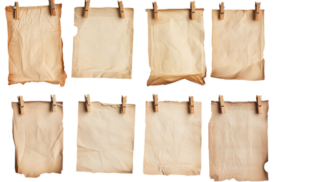  Set of old papers with clothespins isolated on Transparent PNG format background.
