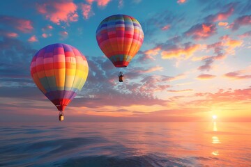 Obraz premium Hot air balloons over the sea at sunset. 3d render illustration
