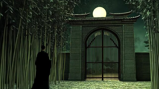 Mysterious figure in front of a moonlit gate surrounded by bamboo at night