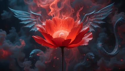 Obraz premium Fiery Red Flower with Blue Wings and Snake in Dark Smoky Setting