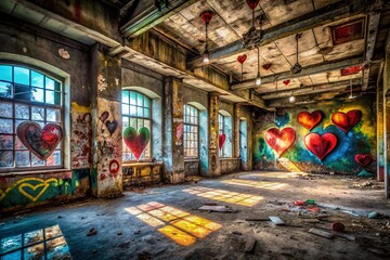 Fototapeta premium Abandoned Building Five Heart Graffiti Urban Exploration Photography