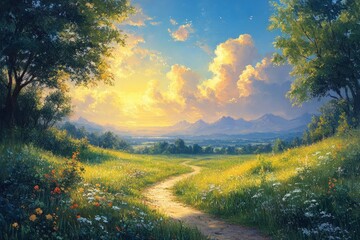 Obraz premium Winding Path Through Green Fields at Dawn Under Blue Sky with Clouds in Serene Landscape