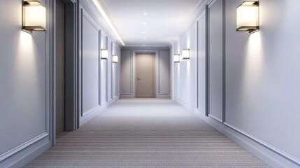 Elegant hotel corridor featuring soft lighting, plush carpet, and a welcoming door at the end