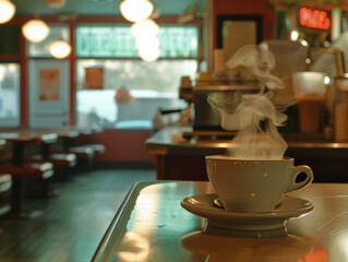 steaming coffee cup in classic diner setting evokes warmth and nostalgia
