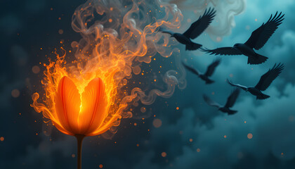 Fiery Tulip and Flying Crows at Night