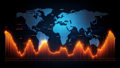 Global Business Data, Financial Analytics, Glowing Orange Charts on Blue World Map Background