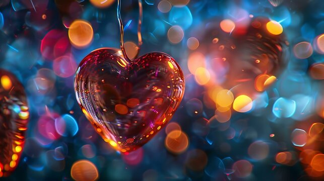 A series of sparkling hearts with intricate light reflections floating against a backdrop of swirling abstract lights in vibrant hues, giving a sense of warmth and elegance