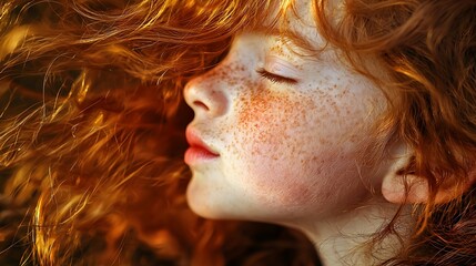 Red-haired girl with flowing curls enjoys sunlit with eyes closed. Natural beauty on Kiss Ginger Day