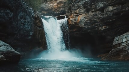 Naklejka premium Majestic Waterfall Surrounded by Rocky Cliffs