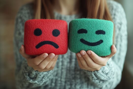 Preteen Holding Sad Face and Happy Face Bipolar Mood Change Therapy Emotion Expression Identity