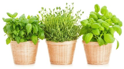 Naklejka premium Fresh Herbs in Wicker Pots: Basil, Thyme, and Rosemary, Aromatic Kitchen Garden, Culinary Herbs, Greenery, Healthy Food, Homegrown Produce, Natural Flavors, Vibrant Colors, Springtime Herbs