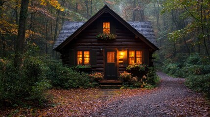 Cozy autumn cabin, forest path, glowing windows, misty background; home decor