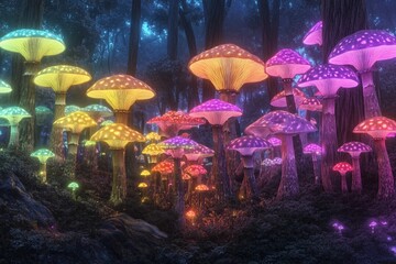 Vibrant bioluminescent mushrooms illuminate a mystical forest pathway during twilight hours