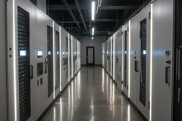 Naklejka premium Modern Data Center Interior Featuring Server Racks in Rows with Illumination and Cables